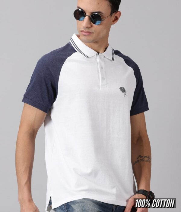 Reglan|| White.Navy Polo || 100% Cotton T-Shirt