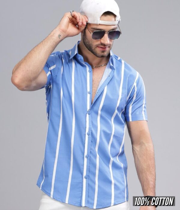 Shirt02 – Blue Stripes || Half Sleeve || 100%Linen Cotton