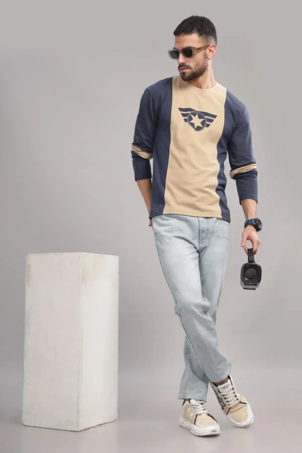 FS003 || Navy & Cream || Full Sleeve Round Neck T-Shirt